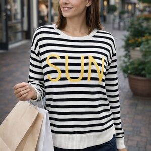 LOFT Striped “SUN” Sweater – Black & White Straps with Yellow Lettering Size XS